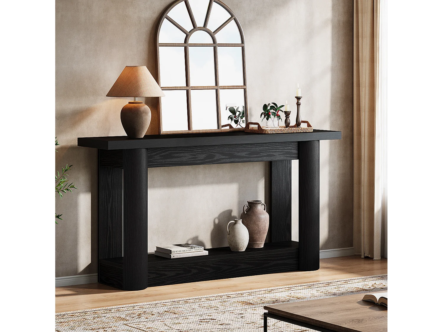 Console moderne de 160 cm, table d'appoint étroite et longue à placer derrière un canapé, meuble d'entrée à 2 niveaux avec rangement, montage facile, noir