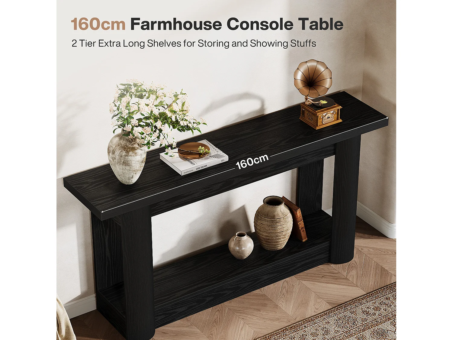 Console moderne de 160 cm, table d'appoint étroite et longue à placer derrière un canapé, meuble d'entrée à 2 niveaux avec rangement, montage facile, noir