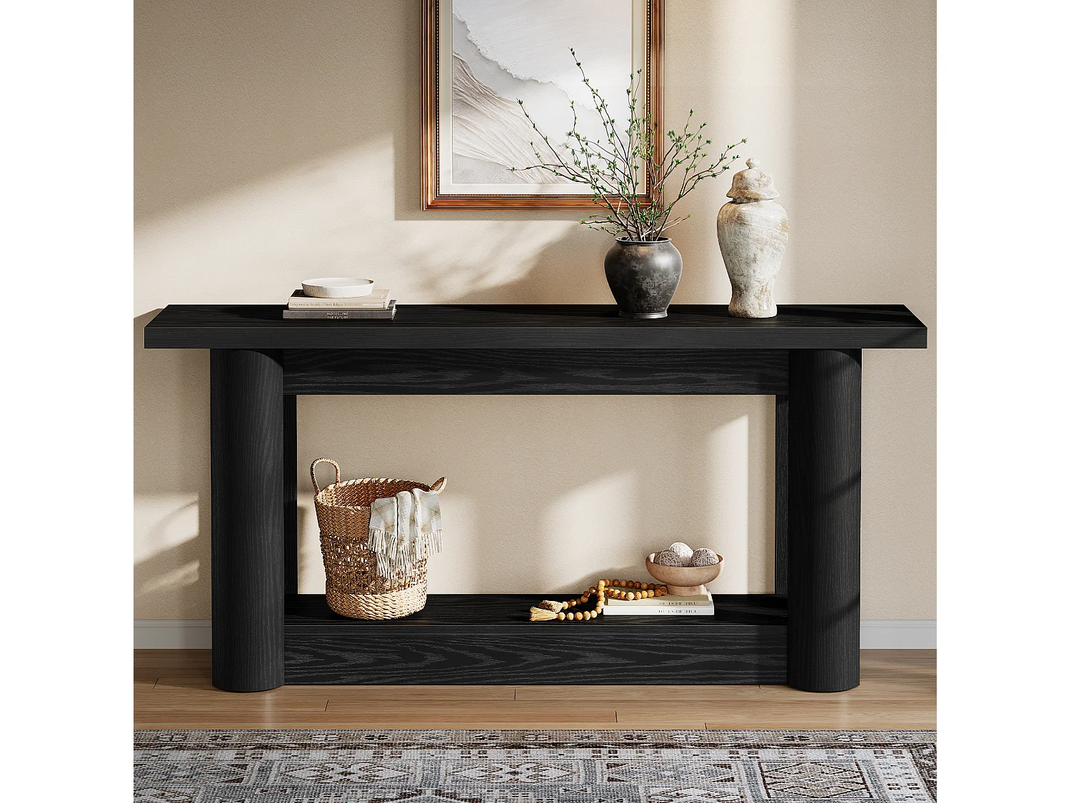 Console moderne de 160 cm, table d'appoint étroite et longue à placer derrière un canapé, meuble d'entrée à 2 niveaux avec rangement, montage facile, noir
