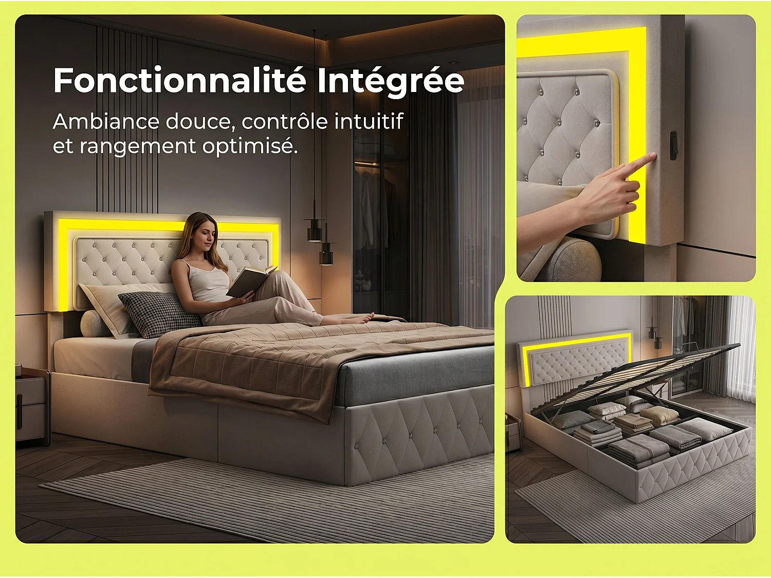 Lit coffre 140x200 cm - velours beige avec tête de lit capitonnée- sommier relevable et rangement