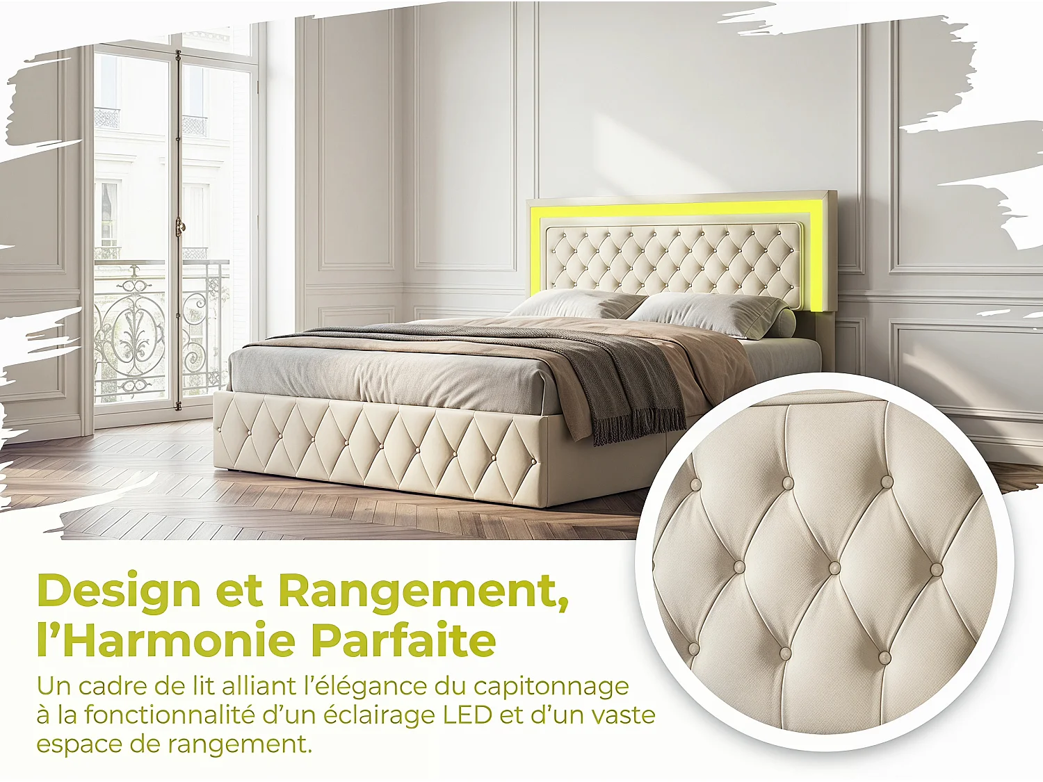 Lit coffre 140x200 cm - velours beige avec tête de lit capitonnée- sommier relevable et rangement