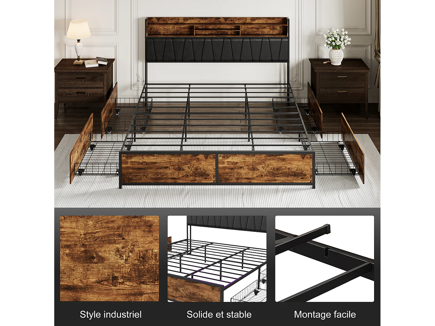 Lit 160x200cm avec LED et 2 USB/Type-C- Tête de Lit Rangement - Lit Métal 4 Tiroirs - Cadre de lit 2 Personnes en métal- Noir