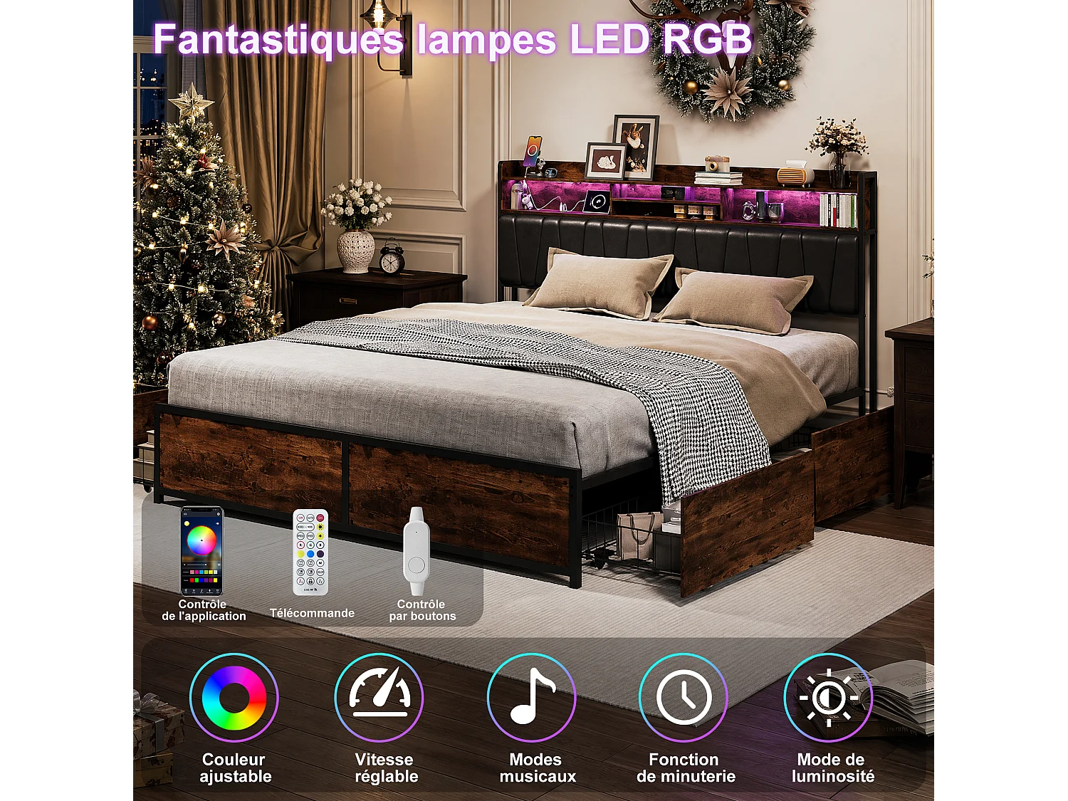 Lit 160x200cm avec LED et 2 USB/Type-C- Tête de Lit Rangement - Lit Métal 4 Tiroirs - Cadre de lit 2 Personnes en métal- Noir