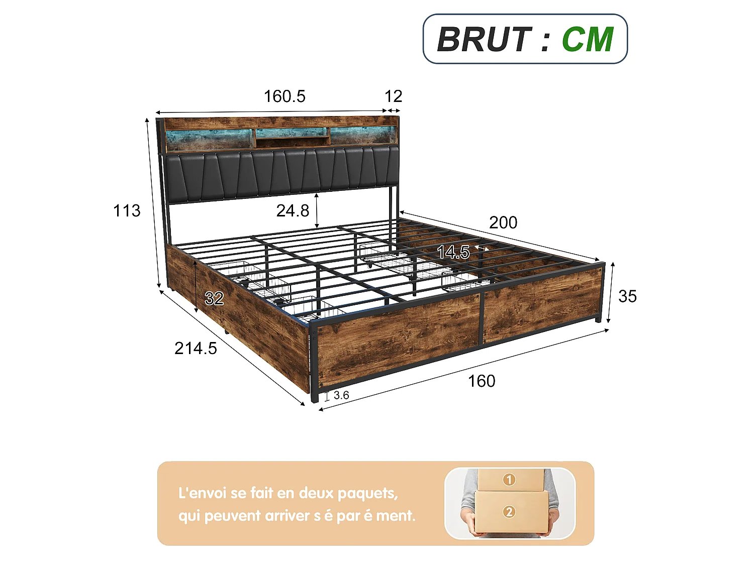 Lit 160x200cm avec LED et 2 USB/Type-C- Tête de Lit Rangement - Lit Métal 4 Tiroirs - Cadre de lit 2 Personnes en métal- Noir