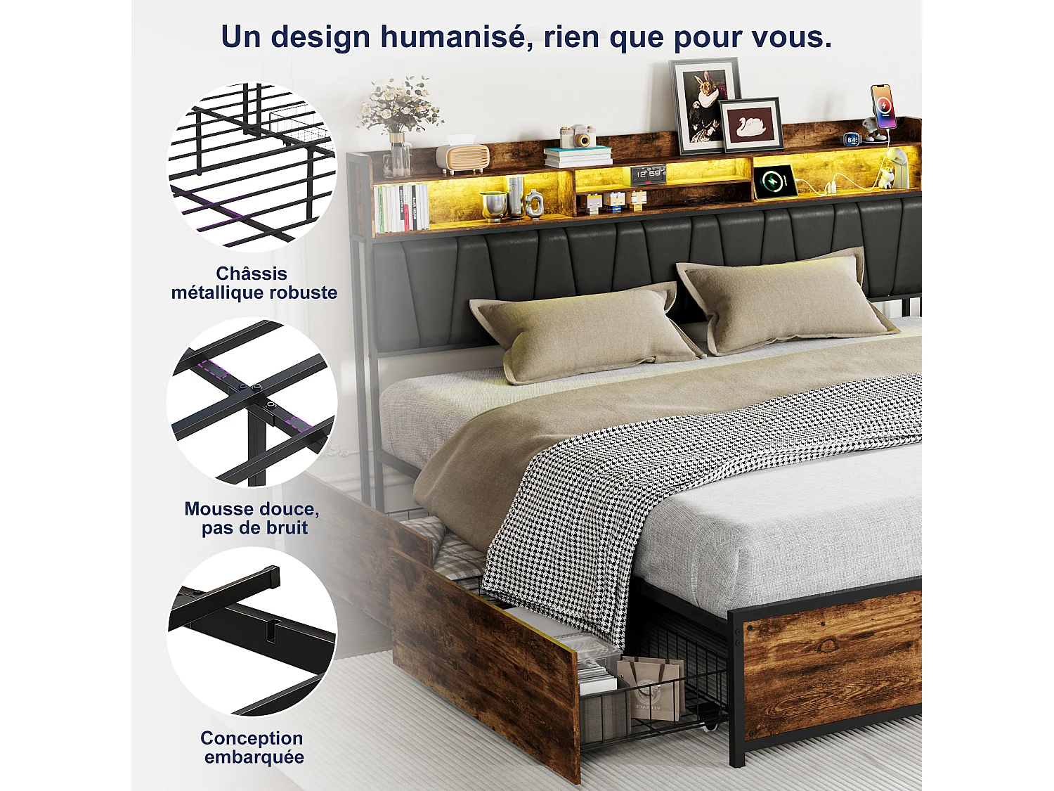 Lit 160x200cm avec LED et 2 USB/Type-C- Tête de Lit Rangement - Lit Métal 4 Tiroirs - Cadre de lit 2 Personnes en métal- Noir
