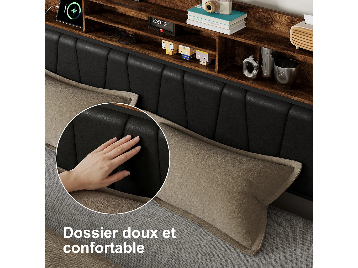 Lit 160x200cm avec LED et 2 USB/Type-C- Tête de Lit Rangement - Lit Métal 4 Tiroirs - Cadre de lit 2 Personnes en métal- Noir
