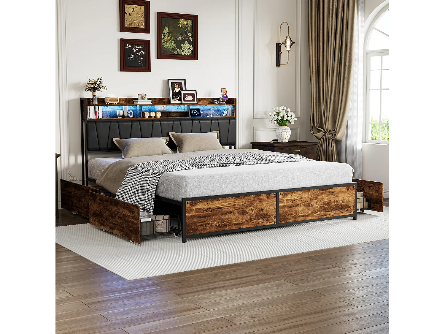 Lit 160x200cm avec LED et 2 USB/Type-C- Tête de Lit Rangement - Lit Métal 4 Tiroirs - Cadre de lit 2 Personnes en métal- Noir