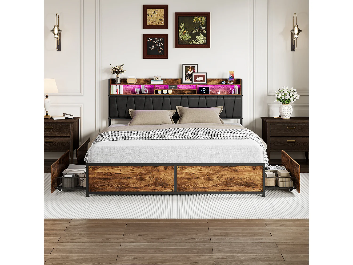 Lit 160x200cm avec LED et 2 USB/Type-C- Tête de Lit Rangement - Lit Métal 4 Tiroirs - Cadre de lit 2 Personnes en métal- Noir