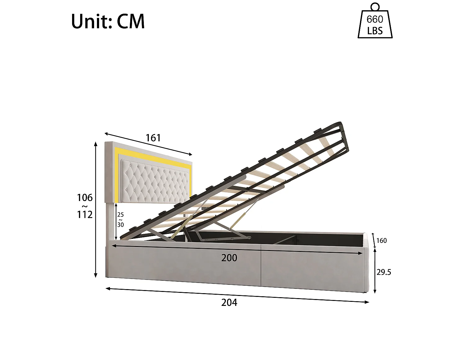 Lit coffre 160x200 cm - velours beige avec tête de lit capitonnée- sommier relevable et rangement