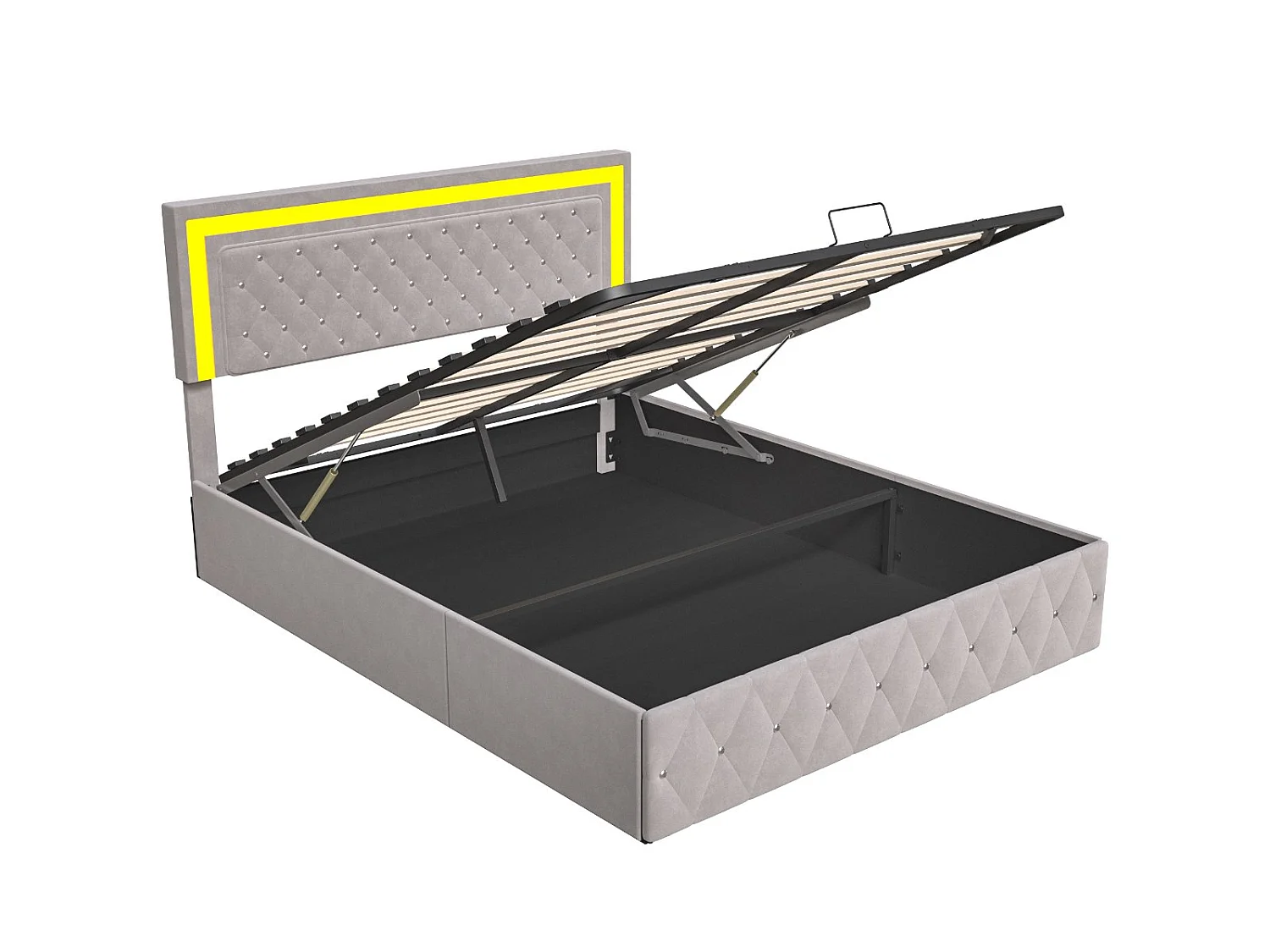 Lit coffre 160x200 cm - velours beige avec tête de lit capitonnée- sommier relevable et rangement