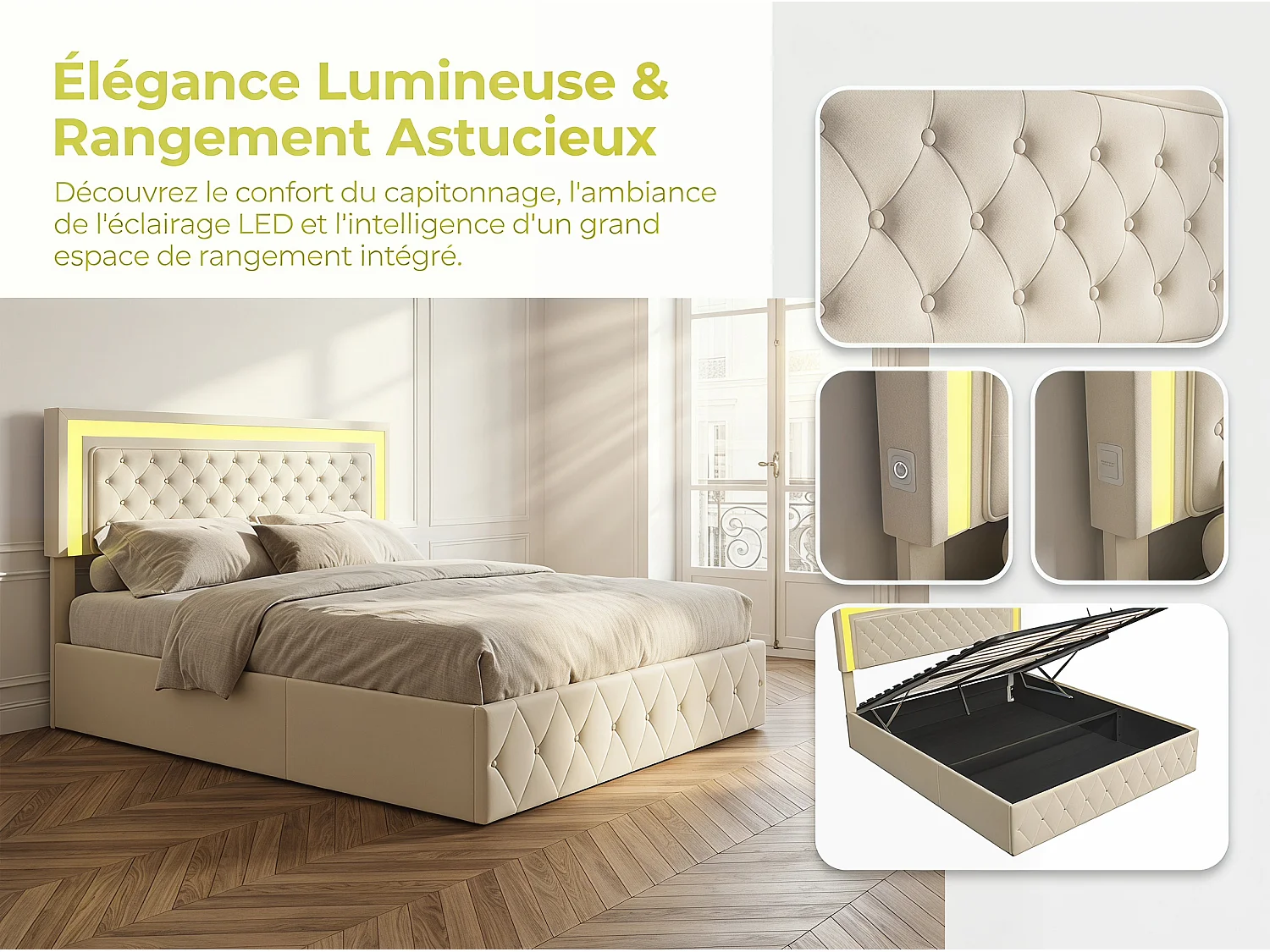 Lit coffre 160x200 cm - velours beige avec tête de lit capitonnée- sommier relevable et rangement
