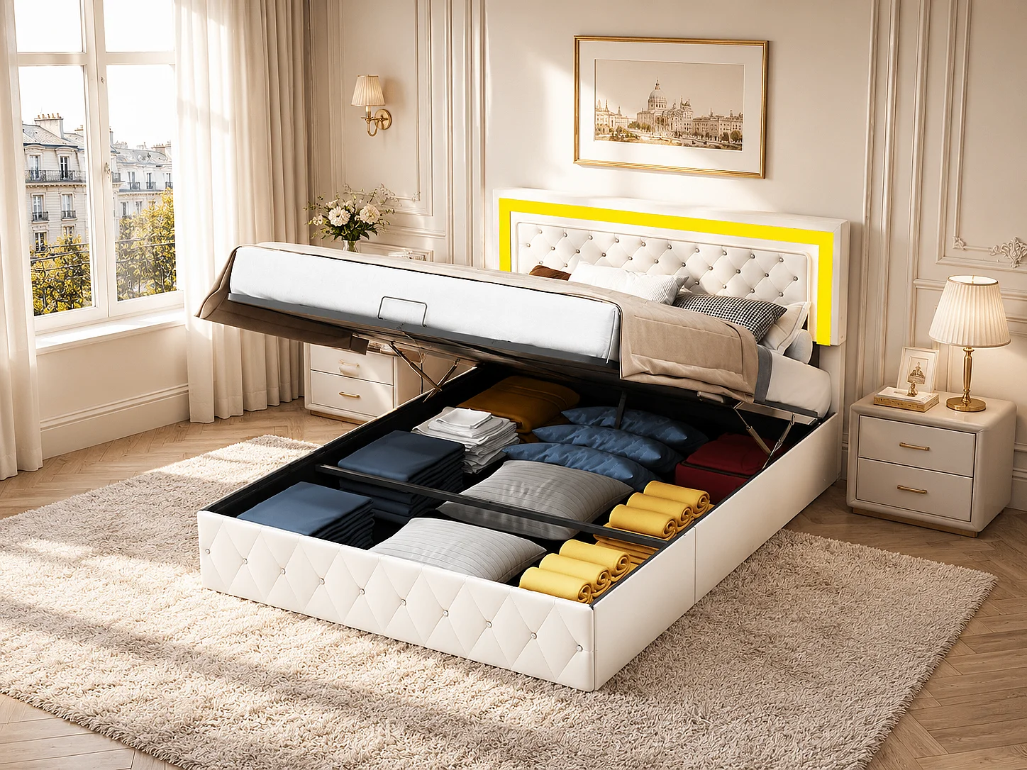 Lit coffre 160x200 cm - velours beige avec tête de lit capitonnée- sommier relevable et rangement