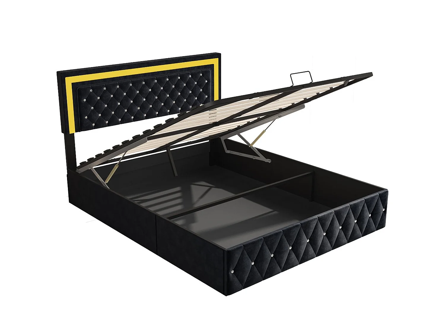 Lit coffre 160x200 cm - velours noir avec tête de lit capitonnée- sommier relevable et rangement