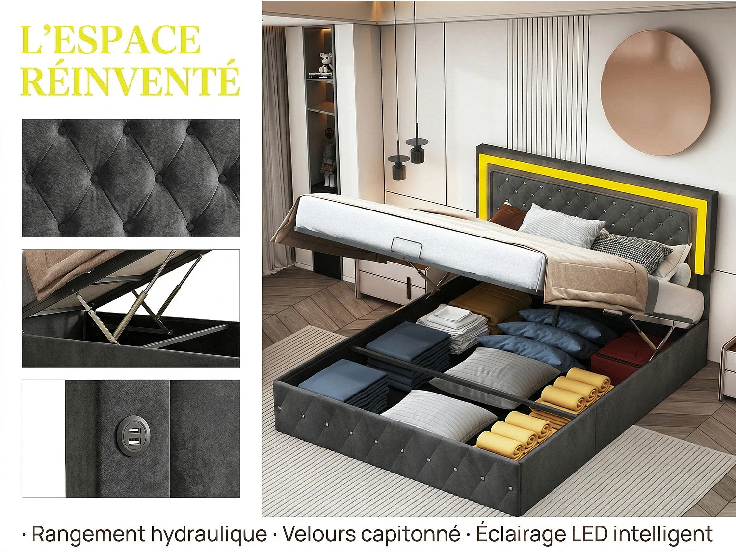 Lit coffre 160x200 cm - velours noir avec tête de lit capitonnée- sommier relevable et rangement