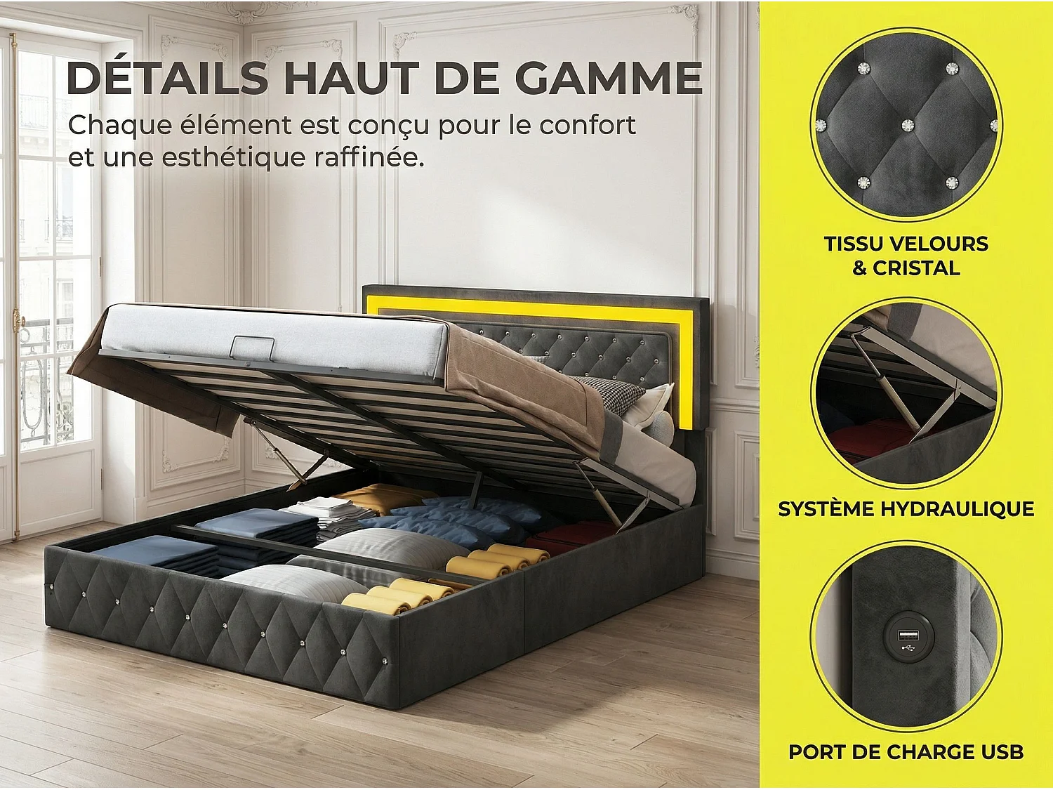 Lit coffre 160x200 cm - velours noir avec tête de lit capitonnée- sommier relevable et rangement