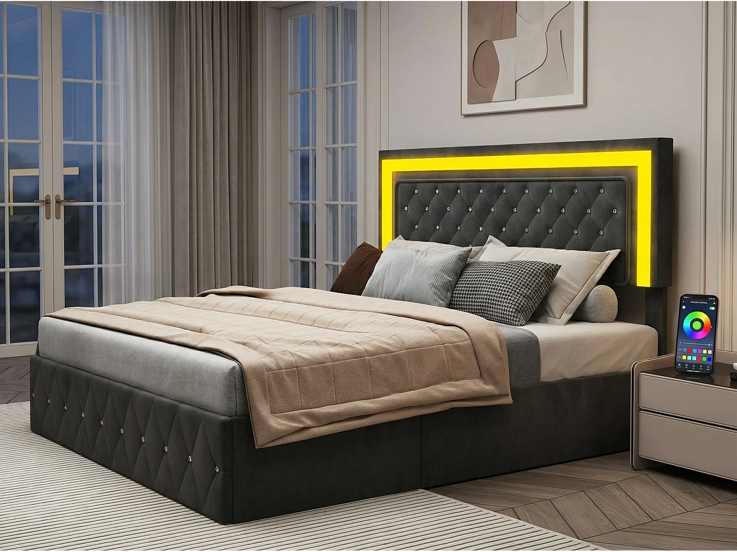 Lit coffre 160x200 cm - velours noir avec tête de lit capitonnée- sommier relevable et rangement