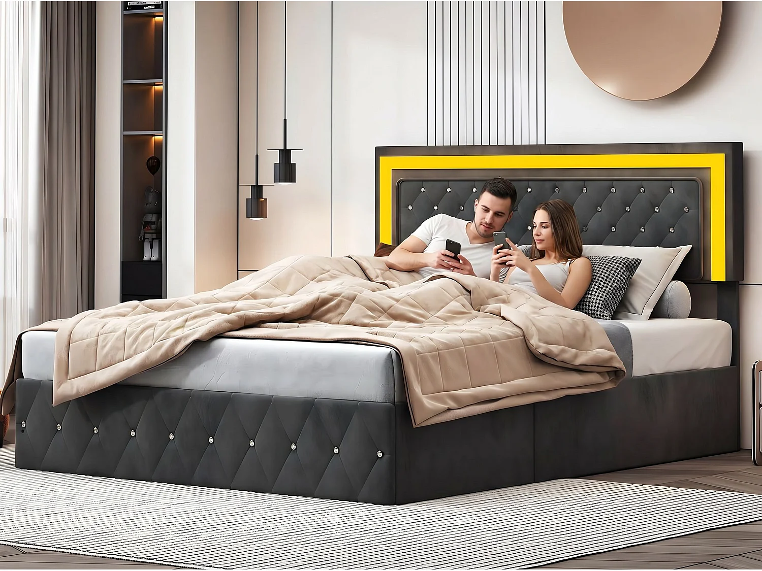 Lit coffre 160x200 cm - velours noir avec tête de lit capitonnée- sommier relevable et rangement
