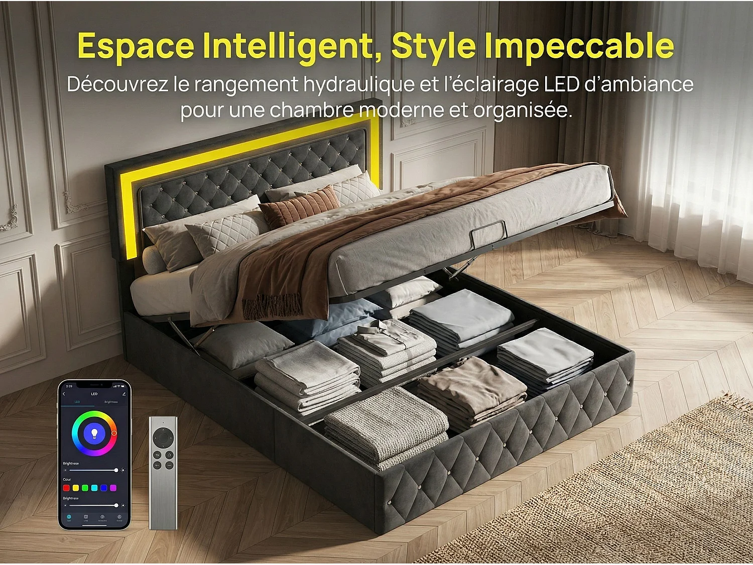 Lit coffre 160x200 cm - velours noir avec tête de lit capitonnée- sommier relevable et rangement