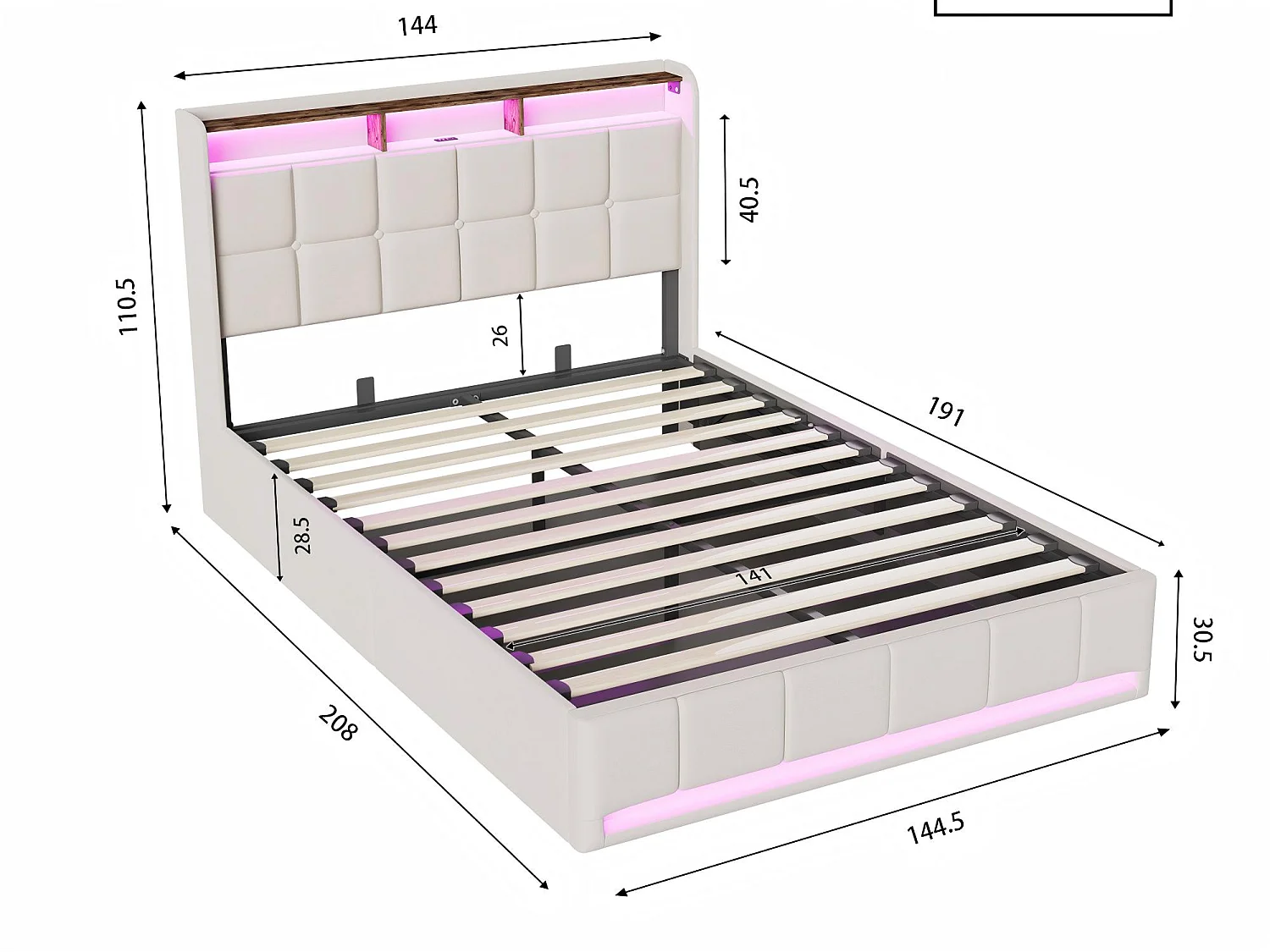 Lit coffre 140x190 cm beige avec tête de lit rembourrée, LED, prises USB, grand rangement hydraulique et sommier à lattes