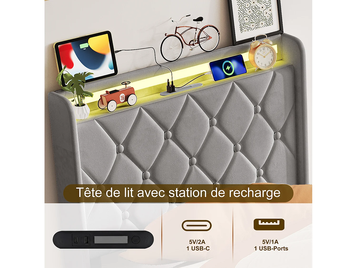 Cama individual de 90x200 cm con almacenamiento, iluminación LED y USB/Tipo-C - Cabecero tapizado - Base de láminas - Terciopelo gris - Para adultos