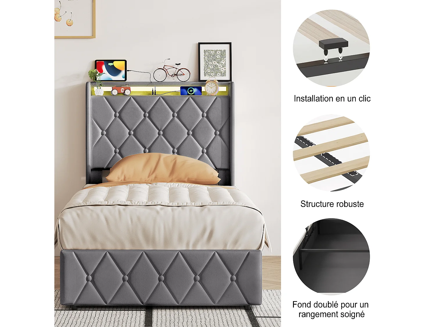 Cama individual de 90x200 cm con almacenamiento, iluminación LED y USB/Tipo-C - Cabecero tapizado - Base de láminas - Terciopelo gris - Para adultos