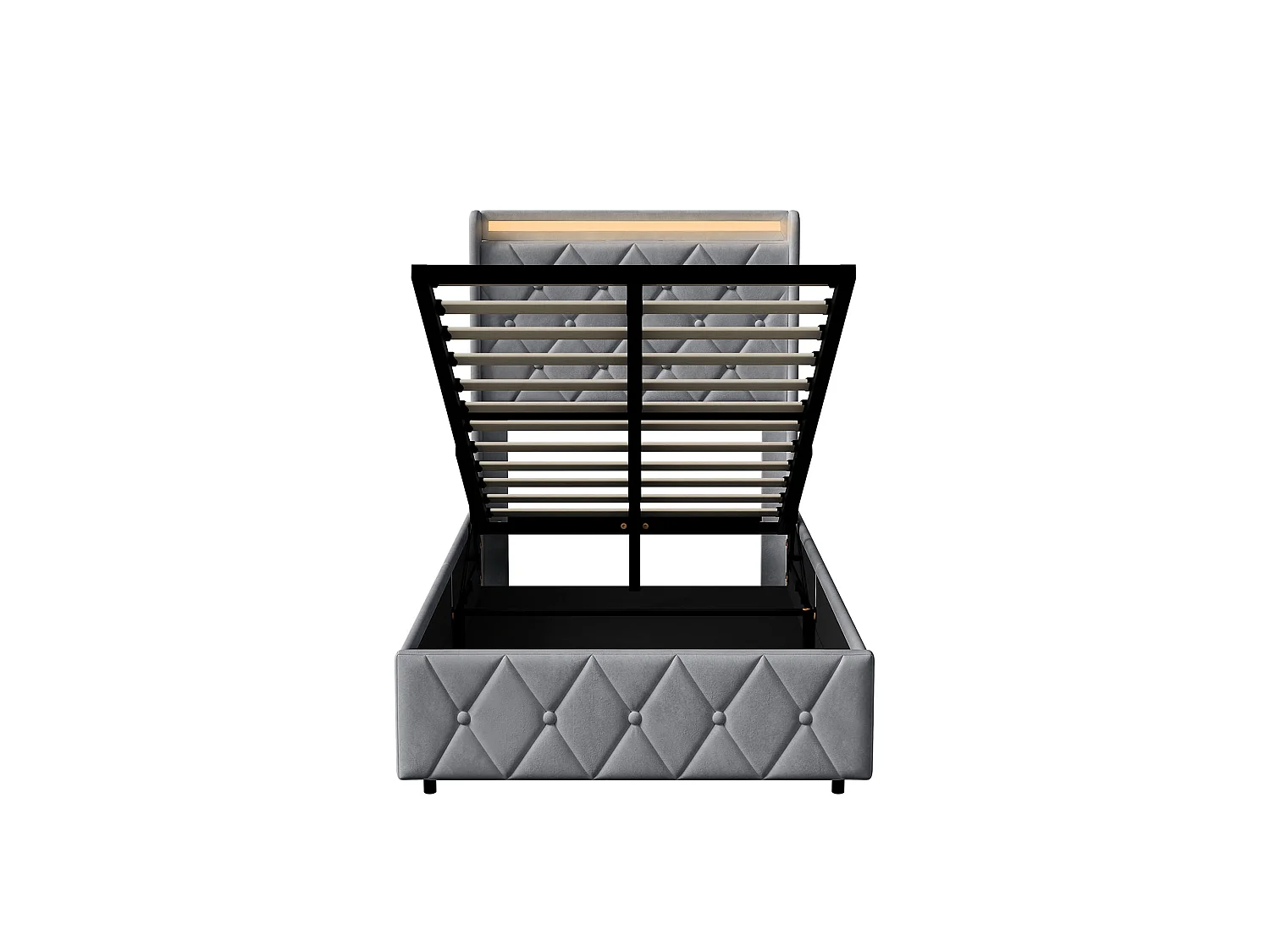 Cama individual de 90x200 cm con almacenamiento, iluminación LED y USB/Tipo-C - Cabecero tapizado - Base de láminas - Terciopelo gris - Para adultos