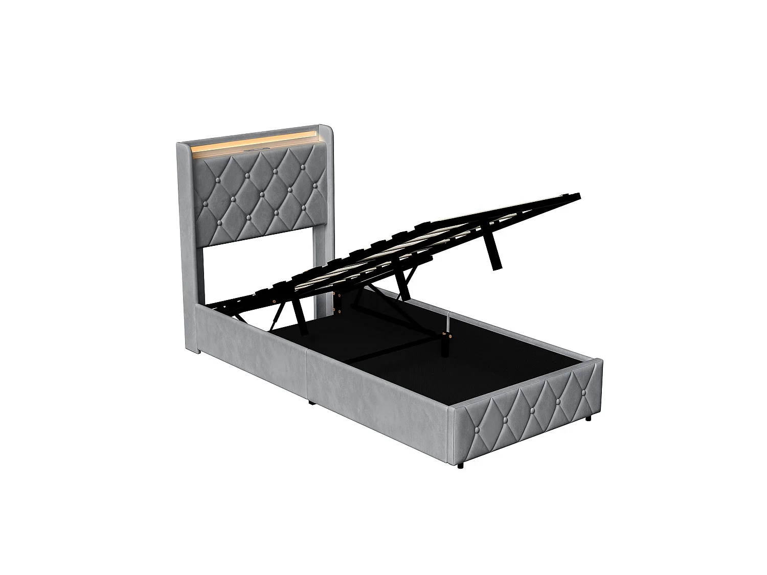 Cama individual de 90x200 cm con almacenamiento, iluminación LED y USB/Tipo-C - Cabecero tapizado - Base de láminas - Terciopelo gris - Para adultos