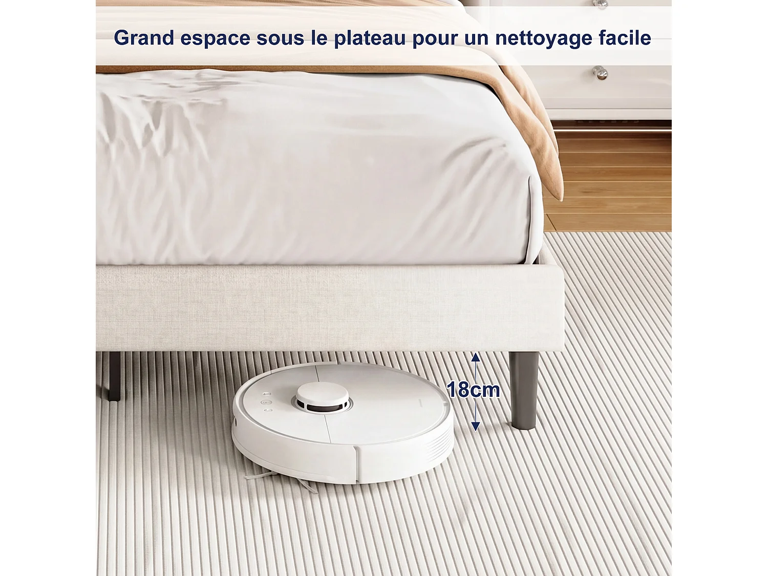 Lit Double 160x200 avec Sommier - Cadre de Lit 2 place avec 2 ports USB/Type-C et Éclairage LED - Tête de Lit Capitonné en Lin Beige