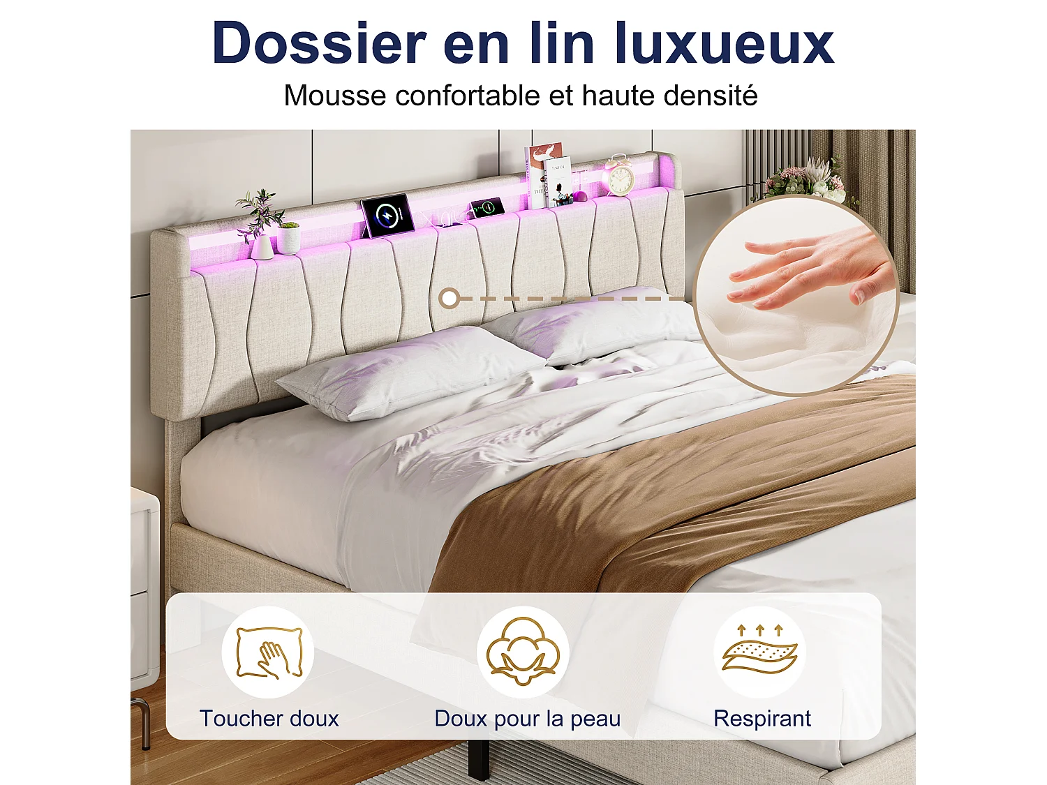 Lit Double 160x200 avec Sommier - Cadre de Lit 2 place avec 2 ports USB/Type-C et Éclairage LED - Tête de Lit Capitonné en Lin Beige