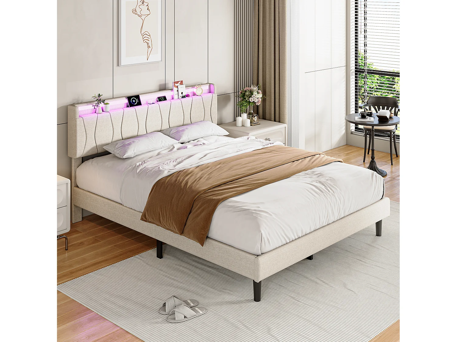 Lit Double 160x200 avec Sommier - Cadre de Lit 2 place avec 2 ports USB/Type-C et Éclairage LED - Tête de Lit Capitonné en Lin Beige