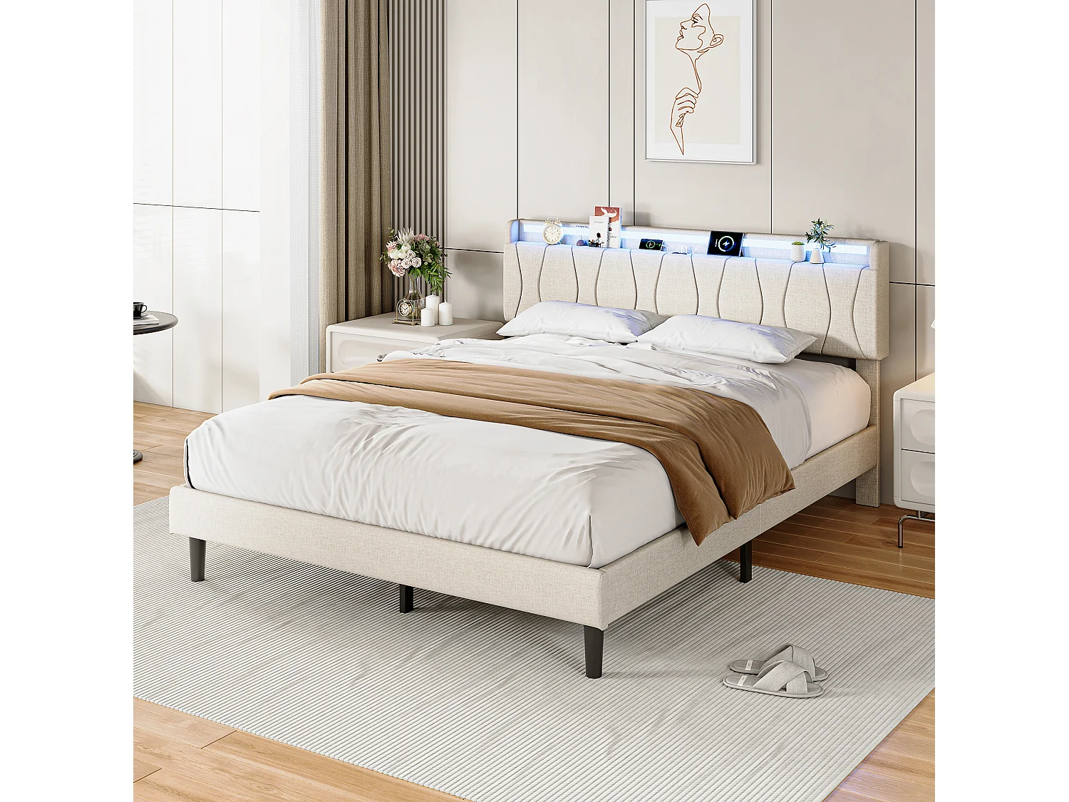 Lit Double 160x200 avec Sommier - Cadre de Lit 2 place avec 2 ports USB/Type-C et Éclairage LED - Tête de Lit Capitonné en Lin Beige