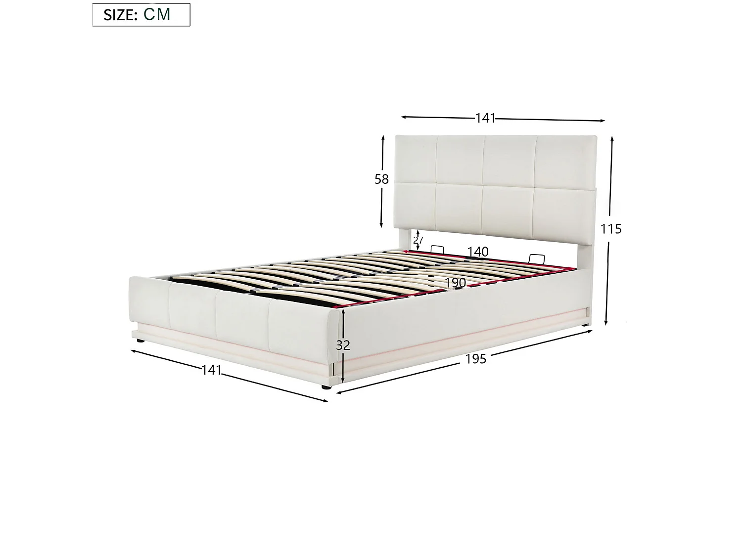 Lit coffre  rembourré 140 x 190 cm - Rangement hydraulique, LED et tête de lit rembourré-sommier à lattes en bois - Blanc