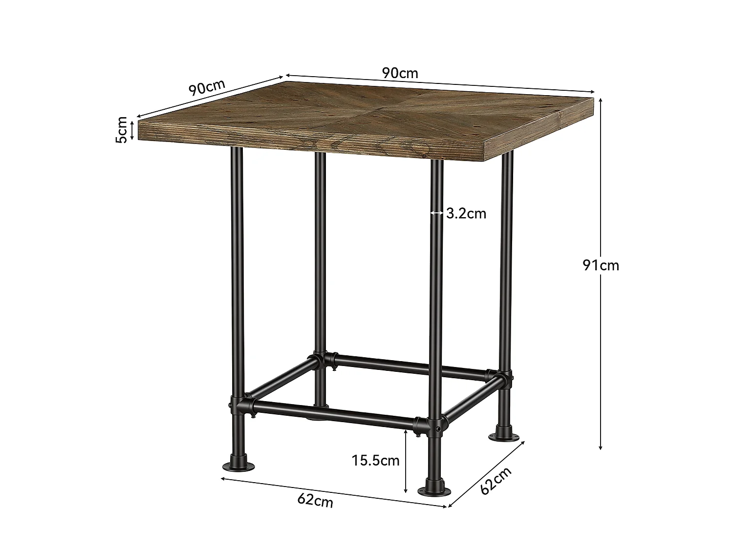 Table de bar carrée, hauteur comptoir de 90 cm, plateau en bois massif et structure métallique robuste, style industriel