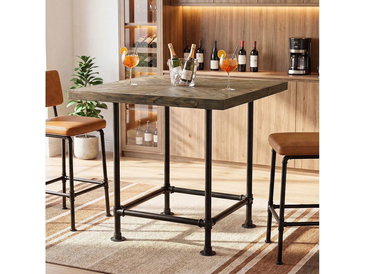 Table de bar carrée, hauteur comptoir de 90 cm, plateau en bois massif et structure métallique robuste, style industriel