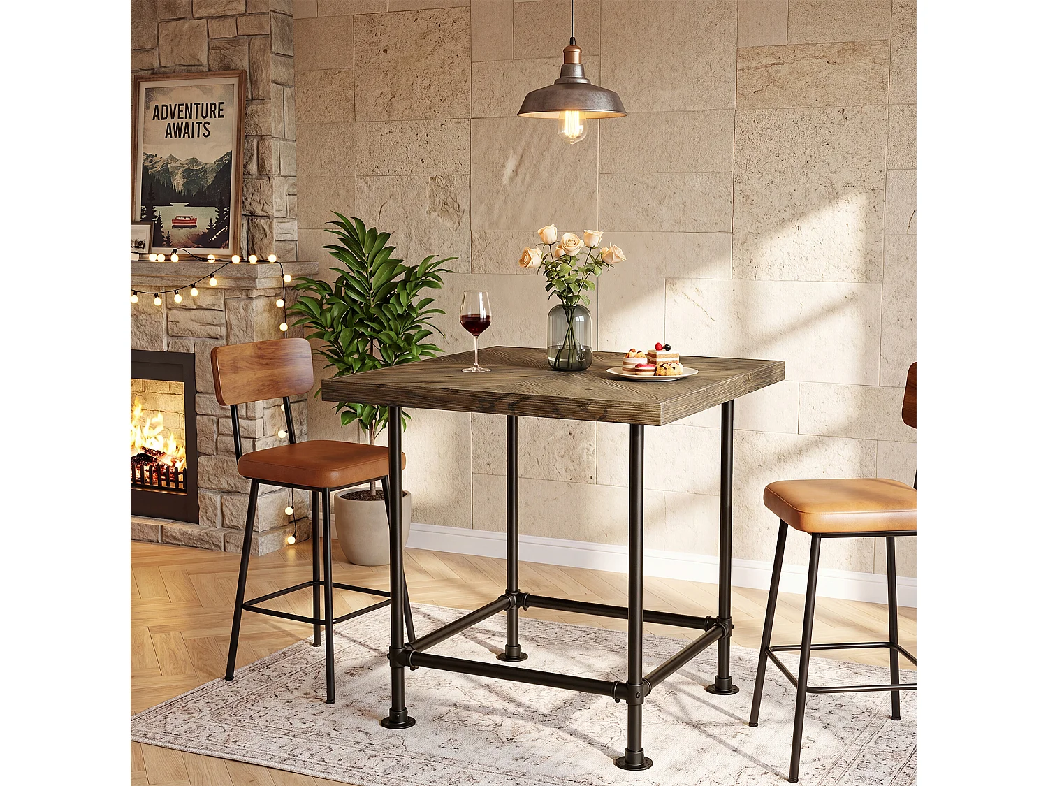 Table de bar carrée, hauteur comptoir de 90 cm, plateau en bois massif et structure métallique robuste, style industriel