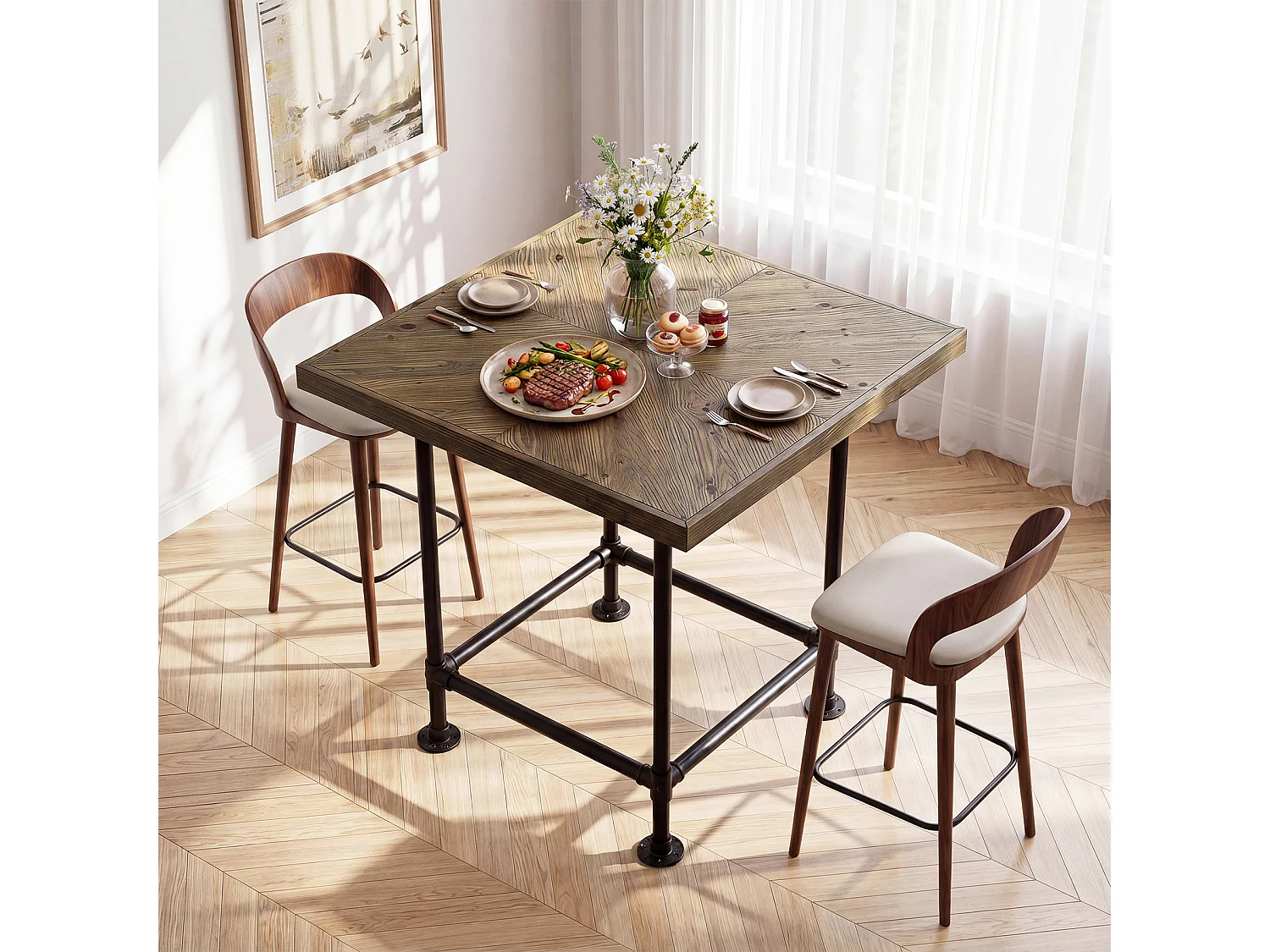 Table de bar carrée, hauteur comptoir de 90 cm, plateau en bois massif et structure métallique robuste, style industriel