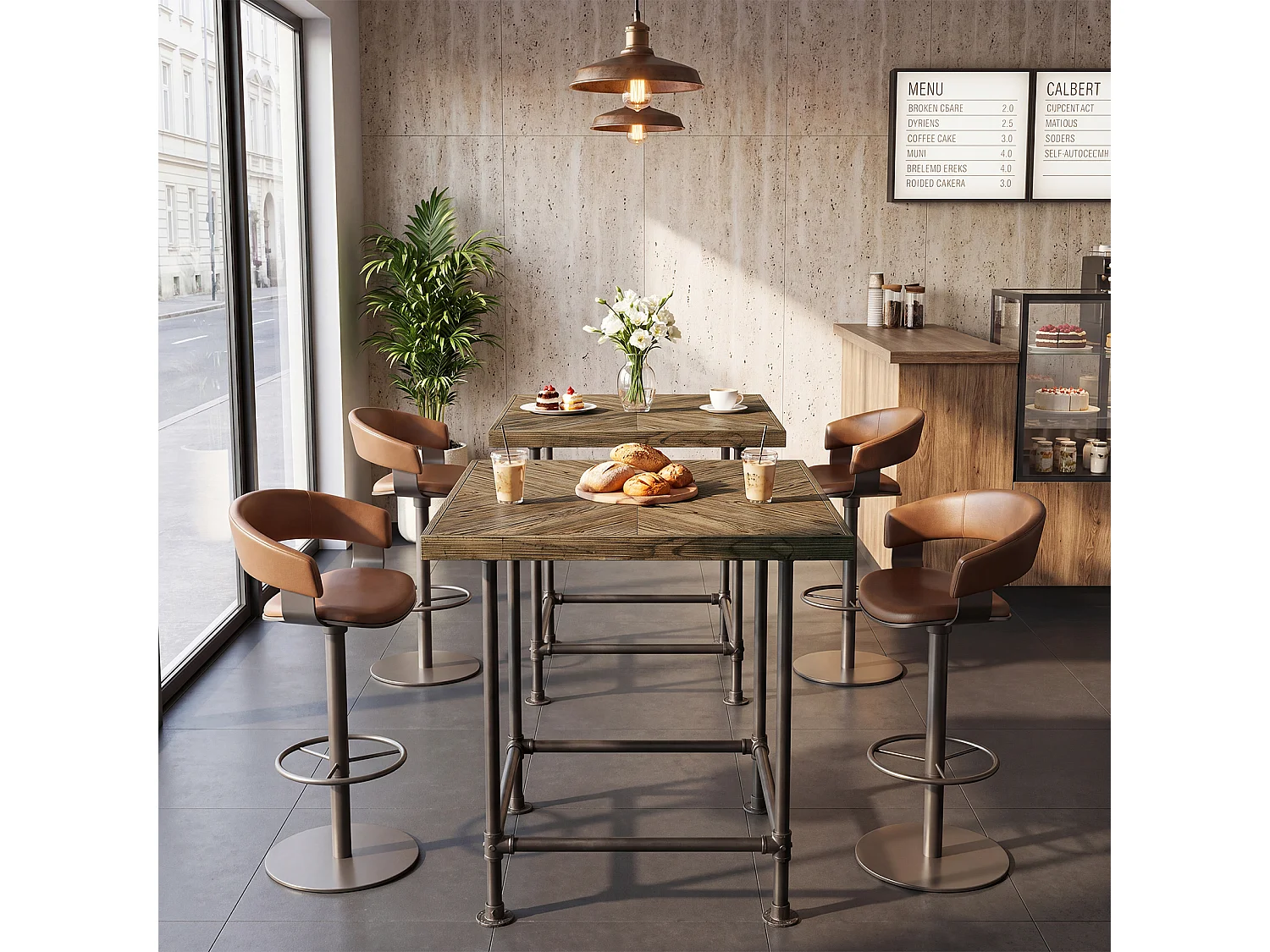 Table de bar carrée, hauteur comptoir de 90 cm, plateau en bois massif et structure métallique robuste, style industriel