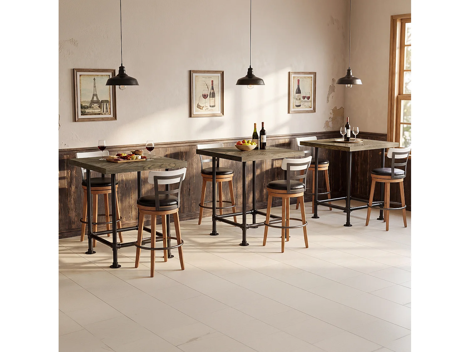 Table de bar carrée, hauteur comptoir de 90 cm, plateau en bois massif et structure métallique robuste, style industriel