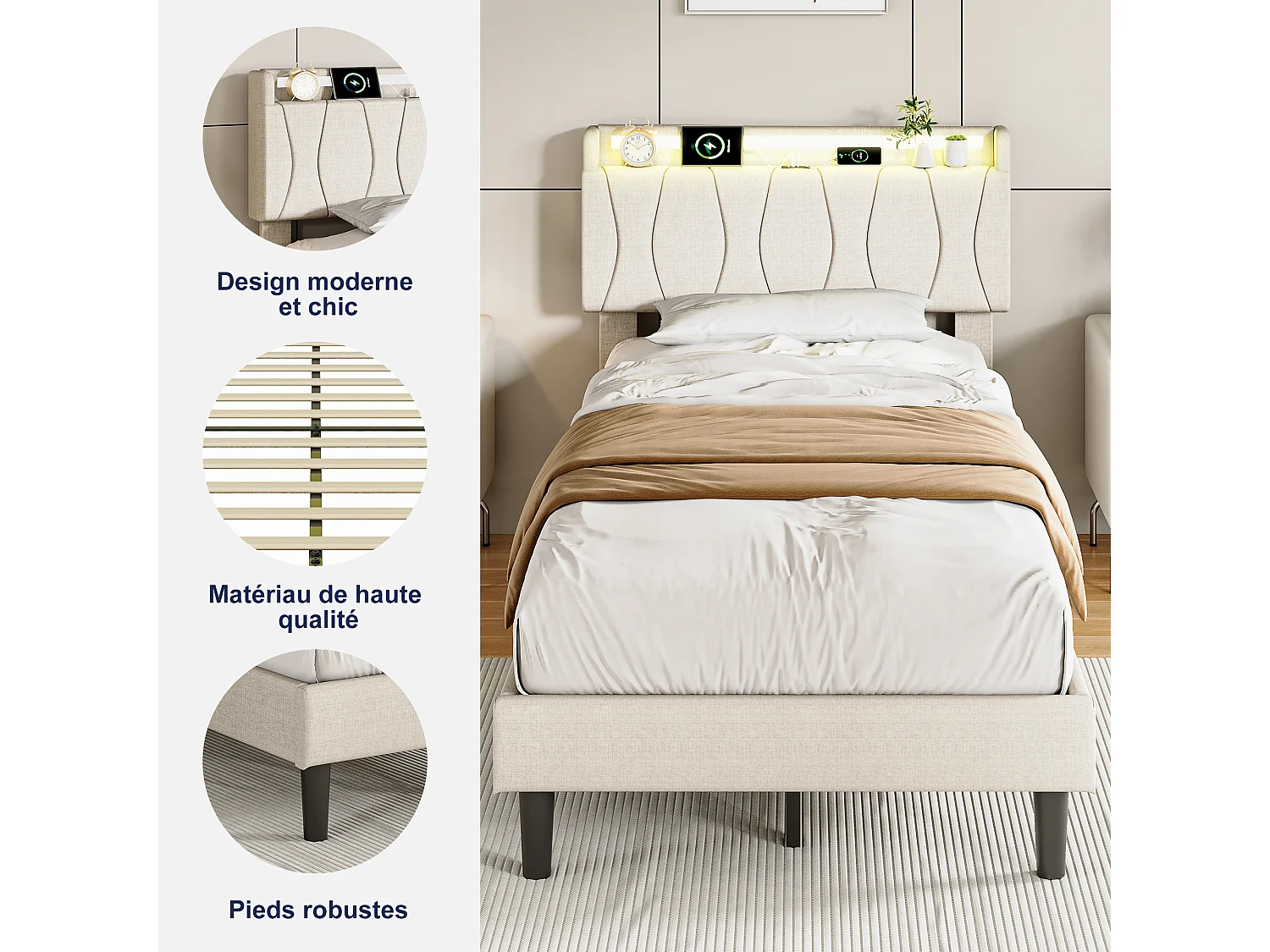 Lit adulte 90x200 avec Sommier - Cadre de Lit 1 place avec 2 ports USB/Type-C et Éclairage LED - Tête de Lit Capitonné en Lin Beige