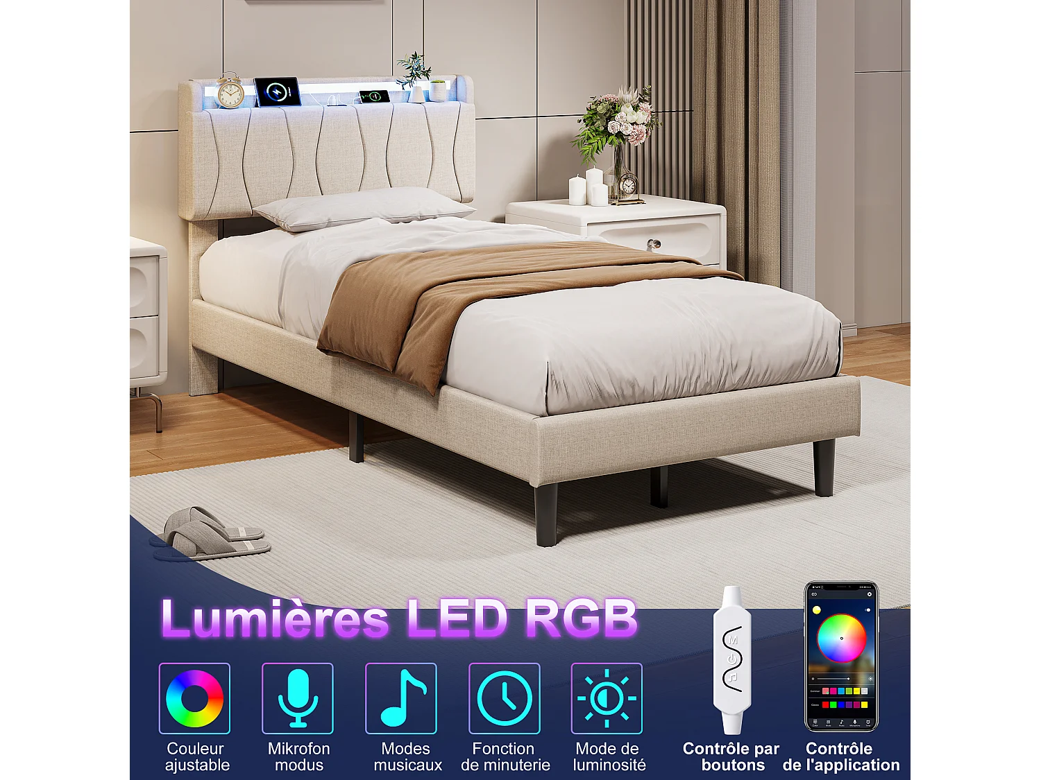 Lit adulte 90x200 avec Sommier - Cadre de Lit 1 place avec 2 ports USB/Type-C et Éclairage LED - Tête de Lit Capitonné en Lin Beige