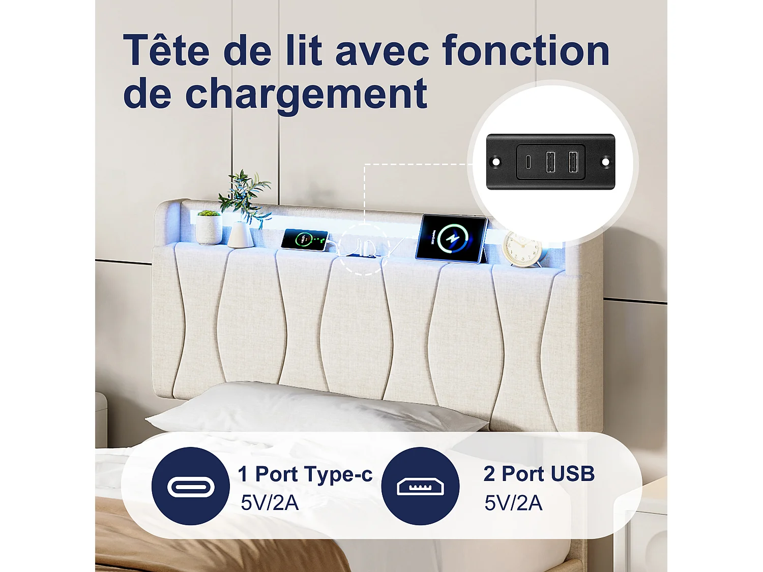 Lit adulte 90x200 avec Sommier - Cadre de Lit 1 place avec 2 ports USB/Type-C et Éclairage LED - Tête de Lit Capitonné en Lin Beige