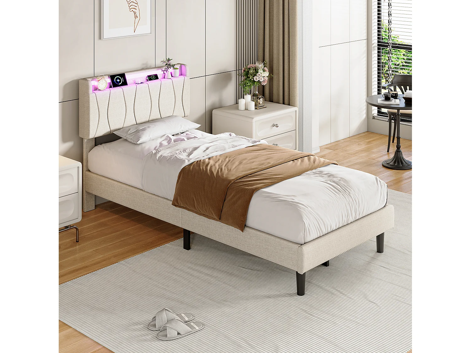 Lit adulte 90x200 avec Sommier - Cadre de Lit 1 place avec 2 ports USB/Type-C et Éclairage LED - Tête de Lit Capitonné en Lin Beige