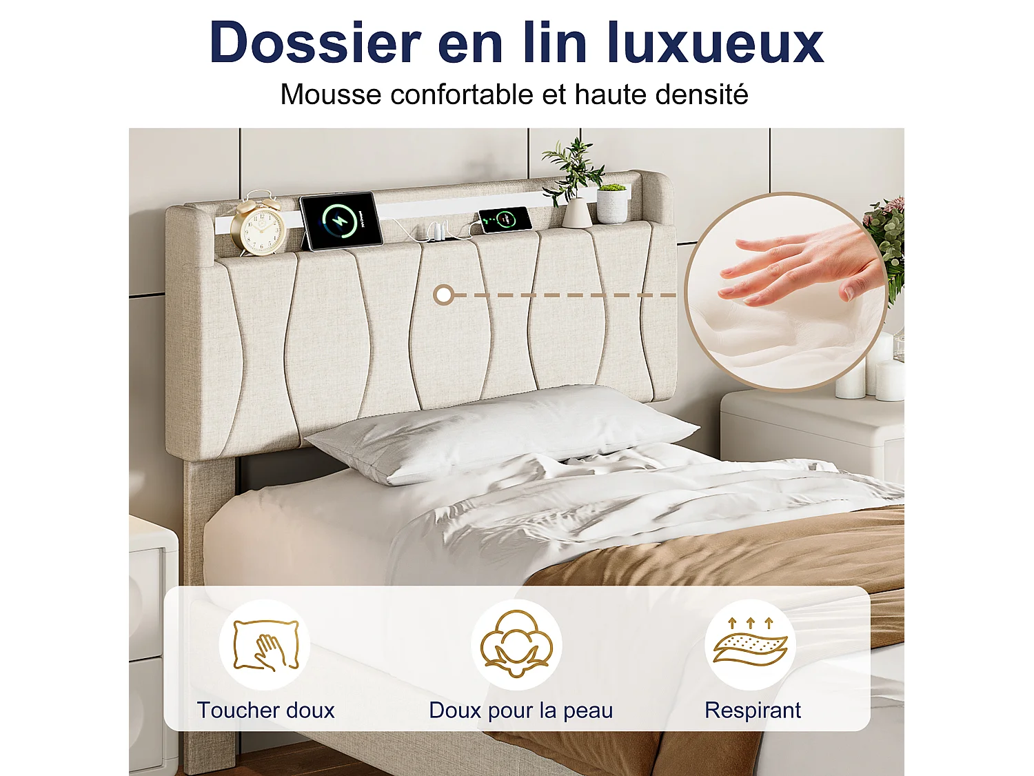 Lit adulte 90x200 avec Sommier - Cadre de Lit 1 place avec 2 ports USB/Type-C et Éclairage LED - Tête de Lit Capitonné en Lin Beige