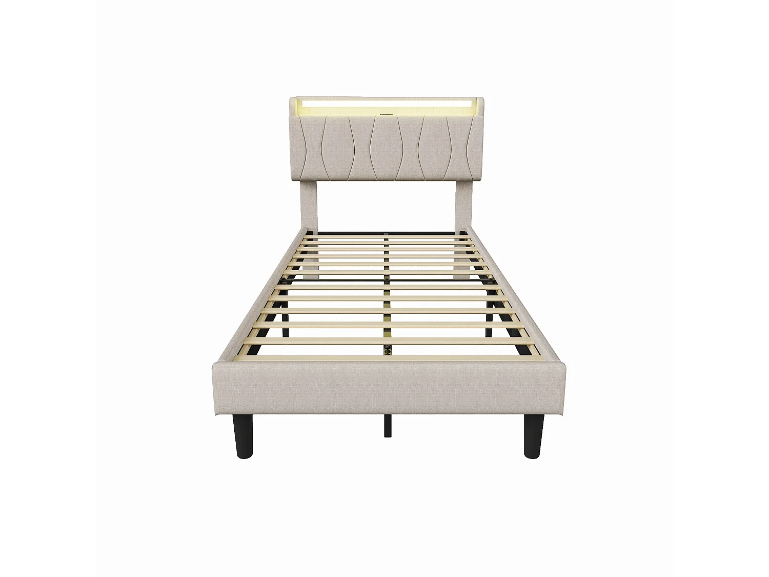 Lit adulte 90x200 avec Sommier - Cadre de Lit 1 place avec 2 ports USB/Type-C et Éclairage LED - Tête de Lit Capitonné en Lin Beige