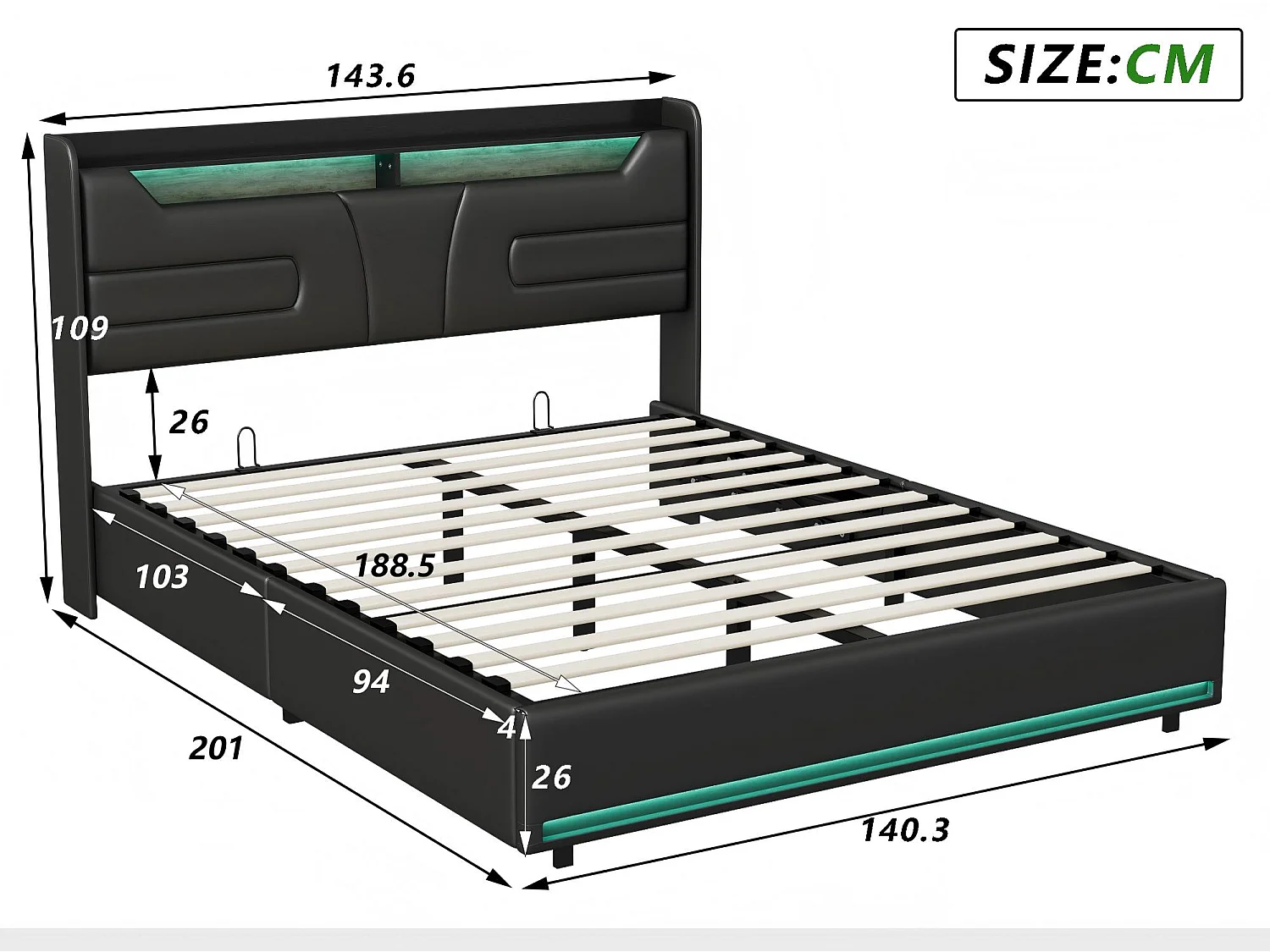 Lit coffre 140x190 cm noir avec sommier à lattes, rangement hydraulique spacieux, lit double avec tête de lit rembourrée et éclairage LED
