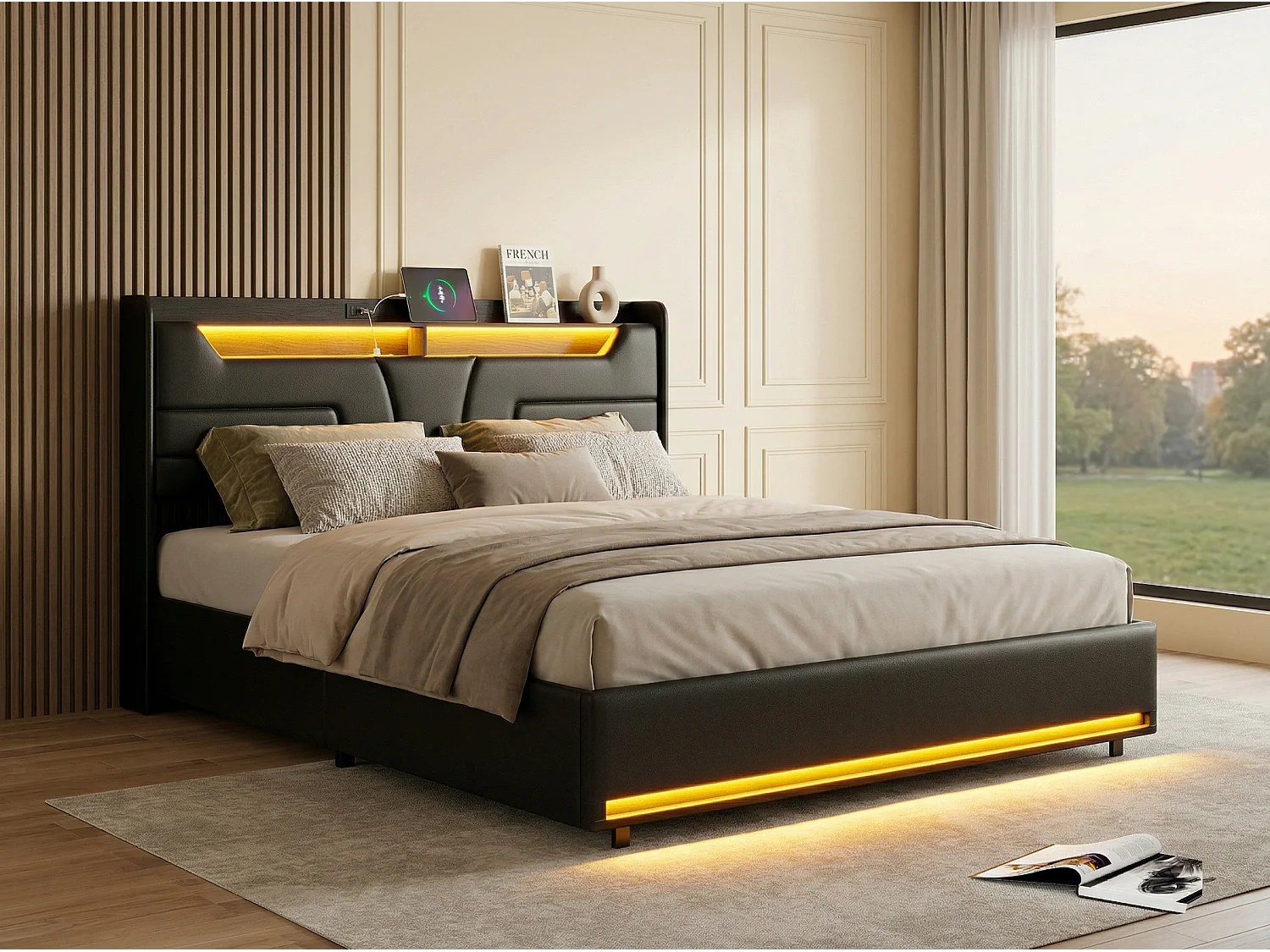 Lit coffre 140x190 cm noir avec sommier à lattes, rangement hydraulique spacieux, lit double avec tête de lit rembourrée et éclairage LED