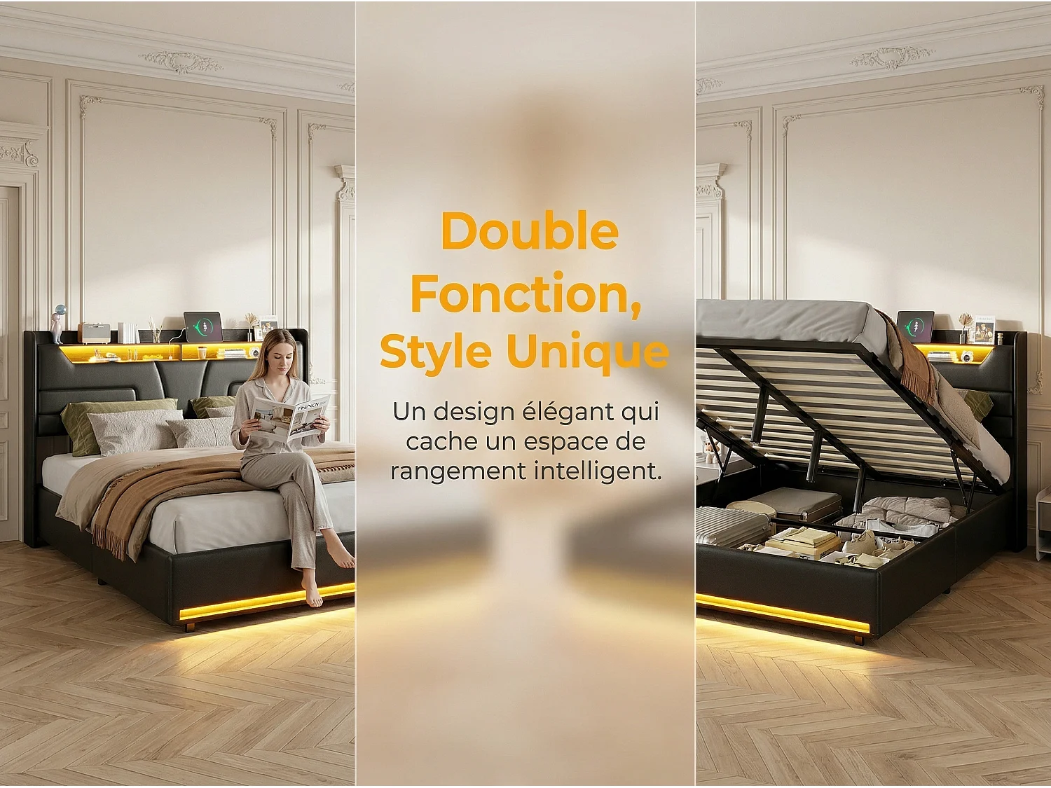 Lit coffre 140x190 cm noir avec sommier à lattes, rangement hydraulique spacieux, lit double avec tête de lit rembourrée et éclairage LED