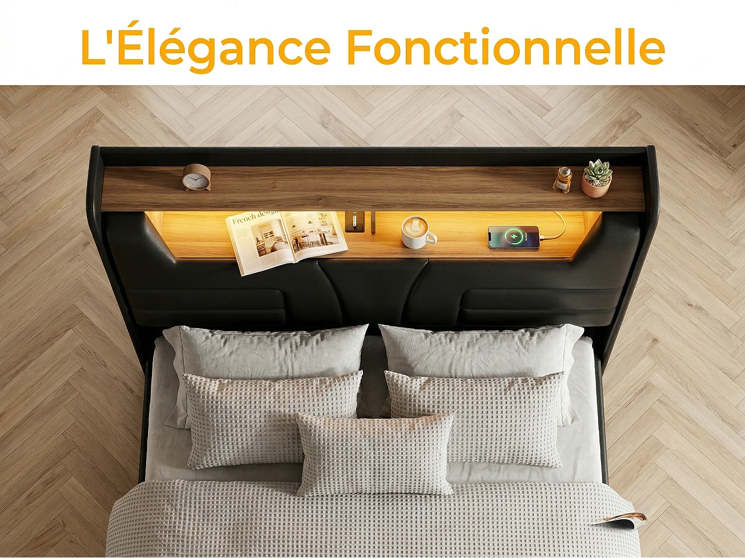 Lit coffre 140x190 cm noir avec sommier à lattes, rangement hydraulique spacieux, lit double avec tête de lit rembourrée et éclairage LED
