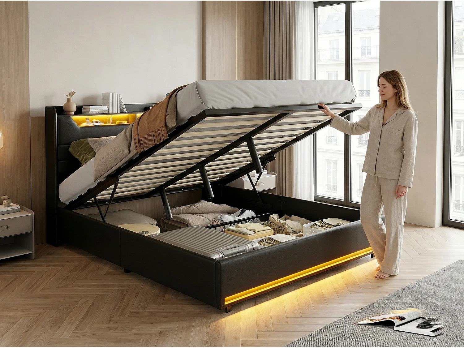 Lit coffre 140x190 cm noir avec sommier à lattes, rangement hydraulique spacieux, lit double avec tête de lit rembourrée et éclairage LED