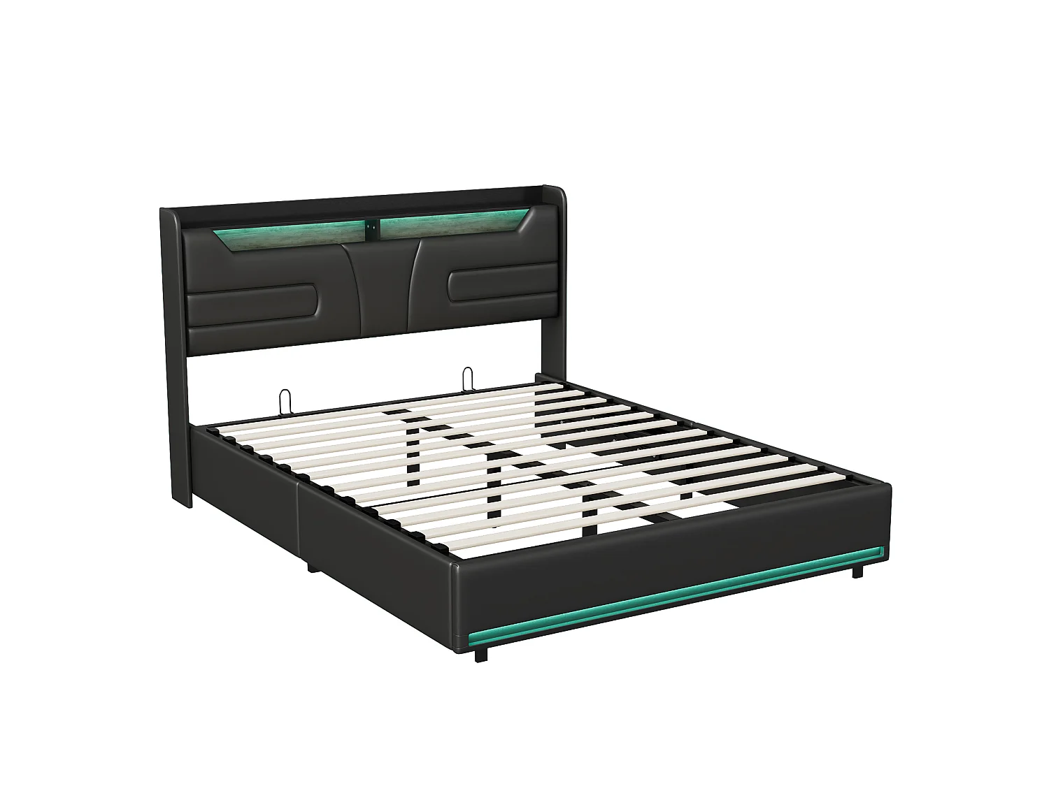 Lit coffre 140x190 cm noir avec sommier à lattes, rangement hydraulique spacieux, lit double avec tête de lit rembourrée et éclairage LED